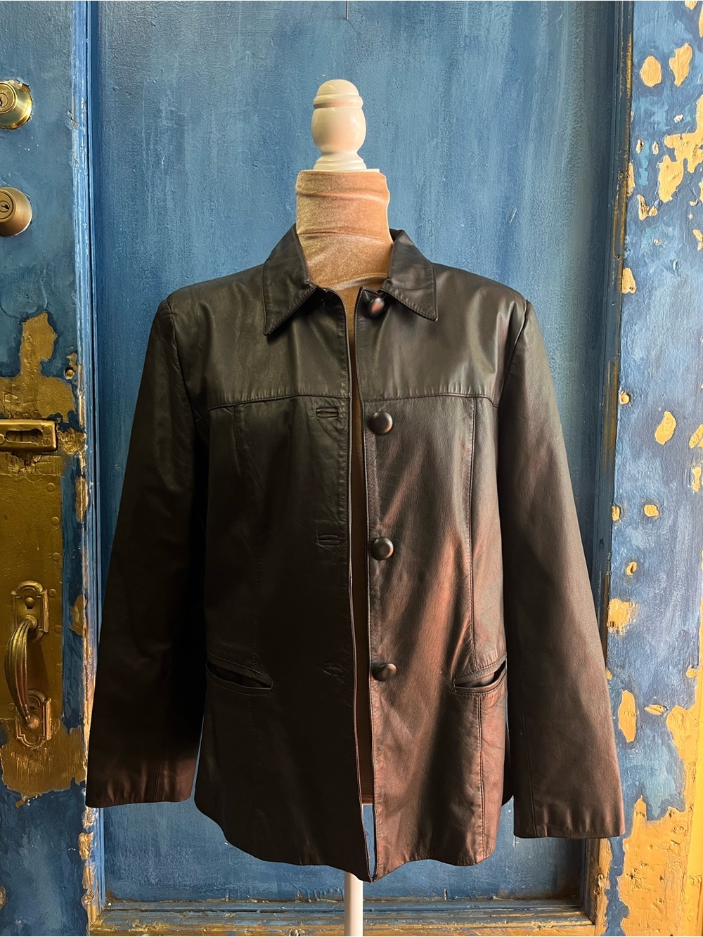 Women's Black Leather Button-Front Jacket
